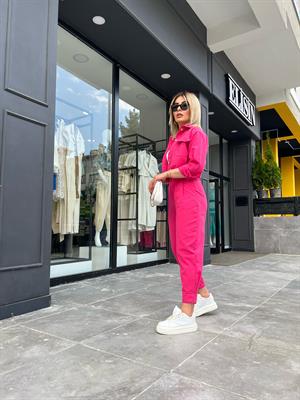 Fuşya Keten Crop Ceket-Pantolon 2li Takım