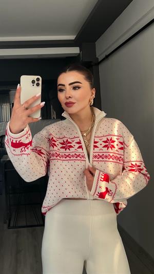 Geyik İşlemeli Fermuarlı Yılbaşı Hırkası
