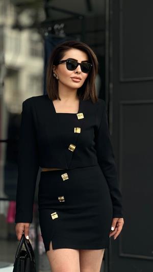 Gold Düğme Detaylı Crop Ceket-Etek Takım 