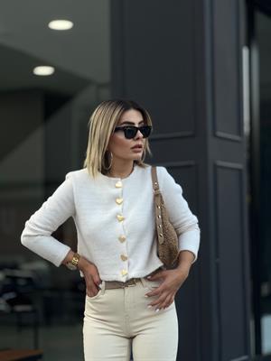 Gold Cardigan with Heart Button Detail