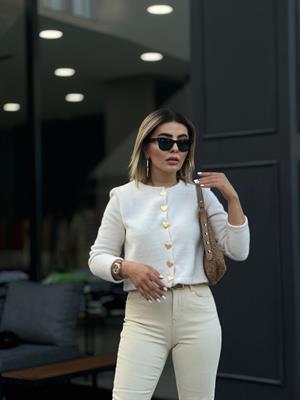 Gold Cardigan with Heart Button Detail