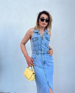 Shirt Collar Denim Dress with Front Slit