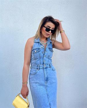 Shirt Collar Denim Dress with Front Slit