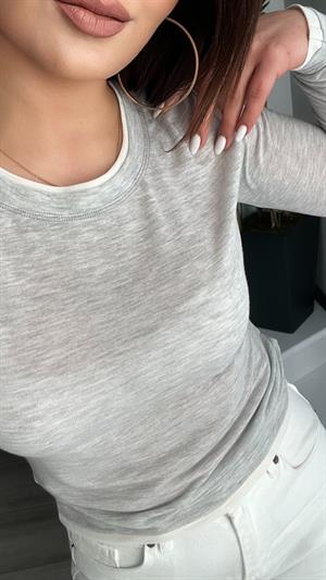 Grey Crew Neck Blouse with Off-White Gradient Semi-Transparent Pattern