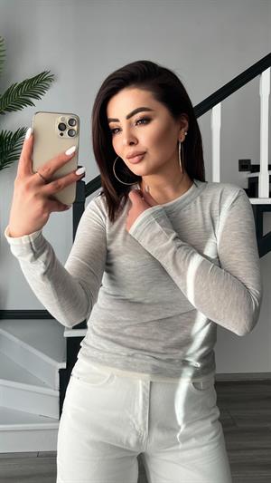 Grey Crew Neck Blouse with Off-White Gradient Semi-Transparent Pattern