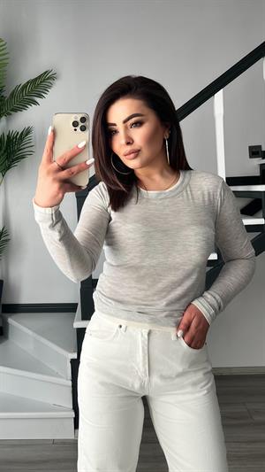 Grey Crew Neck Blouse with Off-White Gradient Semi-Transparent Pattern