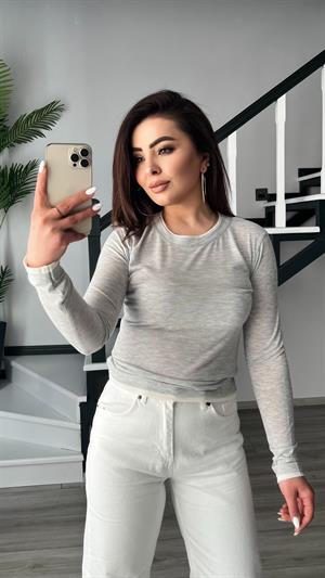 Grey Crew Neck Blouse with Off-White Gradient Semi-Transparent Pattern