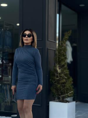 Gri Büzgü Detaylı Simli Mini Elbise 