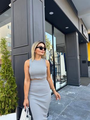 Gri Fitilli Bel Bağlama Detaylı Triko Takım