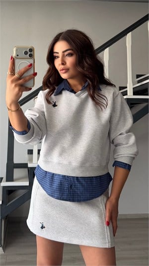 Grey Shirt Detailed Sweatshirt & Skirt Set