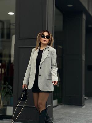 Gri Kapüşon Detaylı Fermuarlı Blazer Ceket