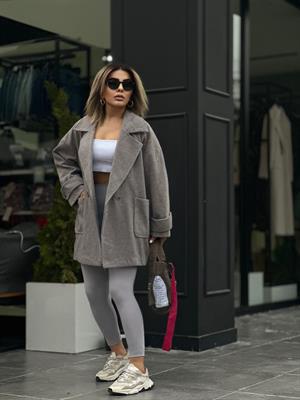 Gri Kaşmir Doku Oversize Kaban 