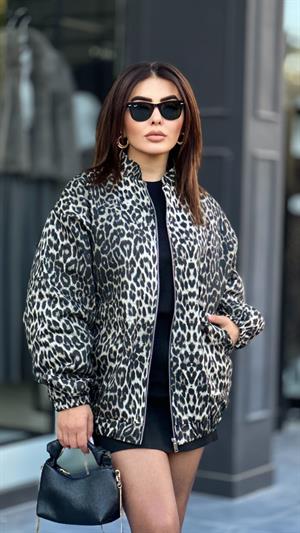 Gri Leopar Desen Bomber Ceket