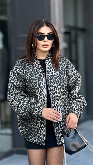 Gri Leopar Desen Bomber Ceket
