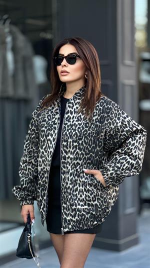 Gri Leopar Desen Bomber Ceket