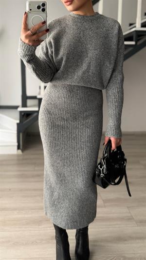 Grey Melange Crew Neck Knit Dress