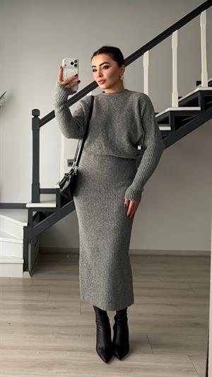 Grey Melange Crew Neck Knit Dress
