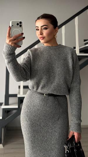 Grey Melange Crew Neck Knit Dress