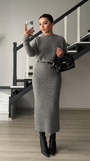 Grey Melange Crew Neck Knit Dress