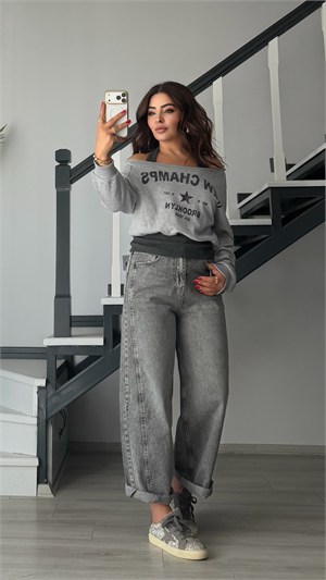 Gri Melanj Boyundan Geçmeli Tasarım Sweatshirt
