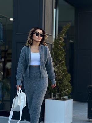Grey Polo Collar Zip-Up Skirt Set