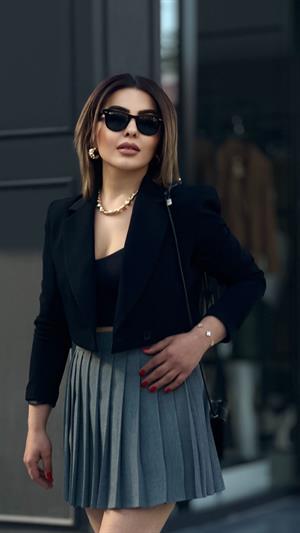 Gri Premium Pileli Mini Etek