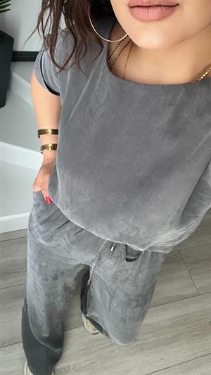 Gri Premium Tnsel Kumaş Crop-Pantolon Takım