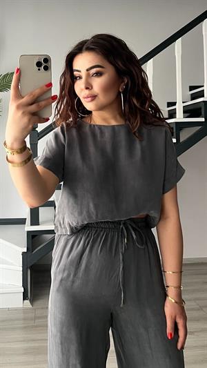 Gri Premium Tnsel Kumaş Crop-Pantolon Takım