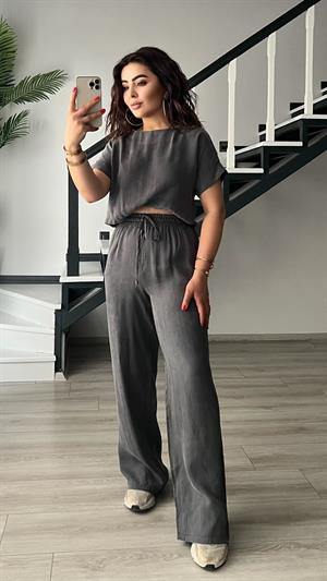 Gri Premium Tnsel Kumaş Crop-Pantolon Takım