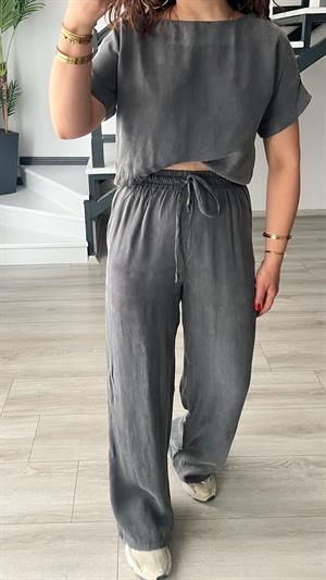 Gri Premium Tnsel Kumaş Crop-Pantolon Takım