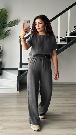 Gri Premium Tnsel Kumaş Crop-Pantolon Takım