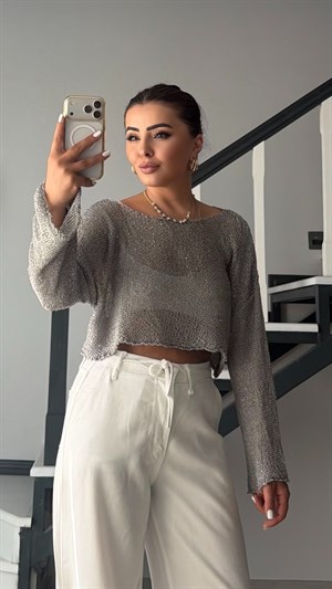 Grey Sequin Oversized Knit Blouse