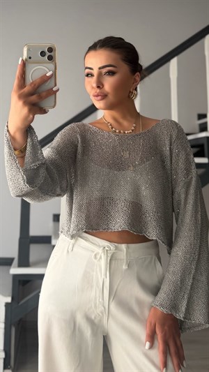 Grey Sequin Oversized Knit Blouse