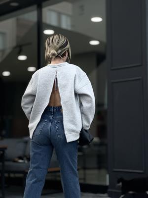Gri Sırt Fermuar Detaylı Sweatshirt 