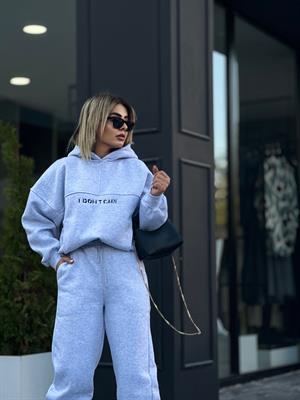 Gri Üç İplik Şardonlu I Dont Care Baskılı Kapüşonlu Eşofman Takım