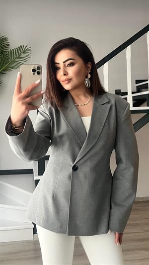 Gri Volanlı Bel Oturtmalı Blazer Ceket