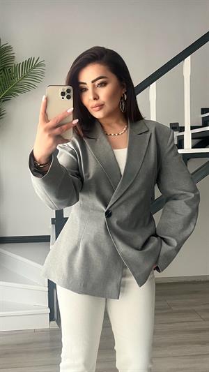 Gri Volanlı Bel Oturtmalı Blazer Ceket