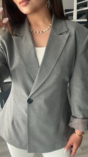 Gri Volanlı Bel Oturtmalı Blazer Ceket