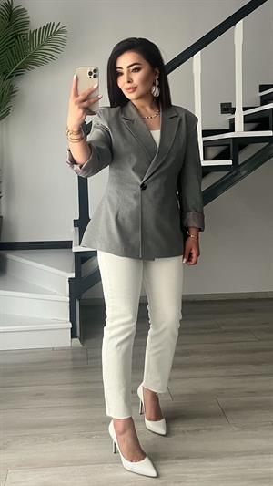 Gri Volanlı Bel Oturtmalı Blazer Ceket