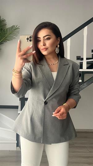Gri Volanlı Bel Oturtmalı Blazer Ceket