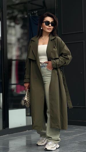 Haki %100 pamuk Tensel Doku Oversize Trençkot