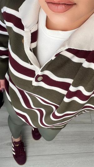 Haki Bordo Polo Yaka Çizgili Kazak