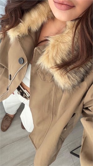 Khaki Trench Coat with Removable Fur Collar
