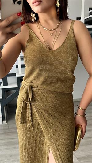 Haki Gold Simli Askılı Bluz