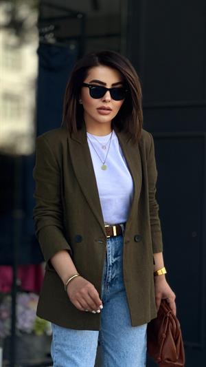 Haki Keten Blazer Ceket 
