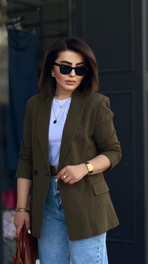 Haki Keten Blazer Ceket 