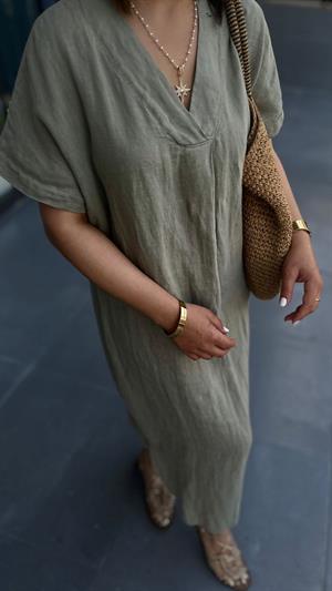 Khaki Linen V-Neck Dress