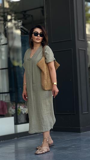 Khaki Linen V-Neck Dress