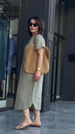 Khaki Linen V-Neck Dress