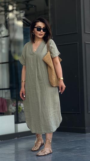 Khaki Linen V-Neck Dress